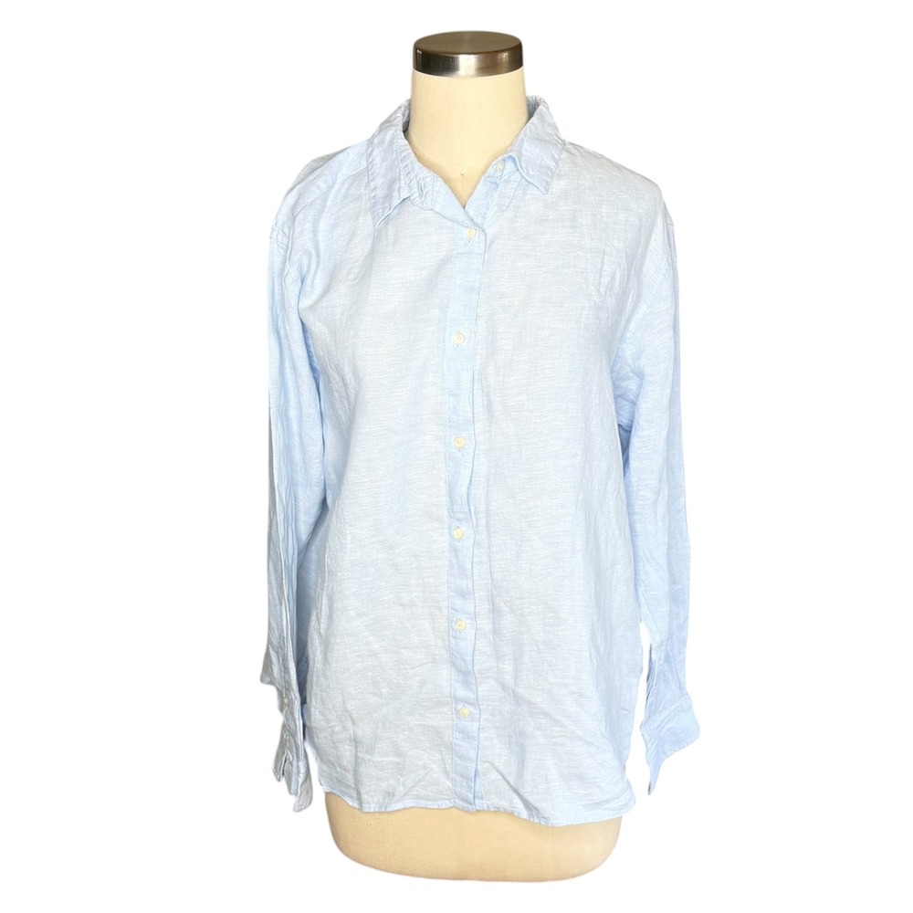 UNIQLO Linen Button Down Light Blue Long Sleeve Women's Size Large Nautical Prep